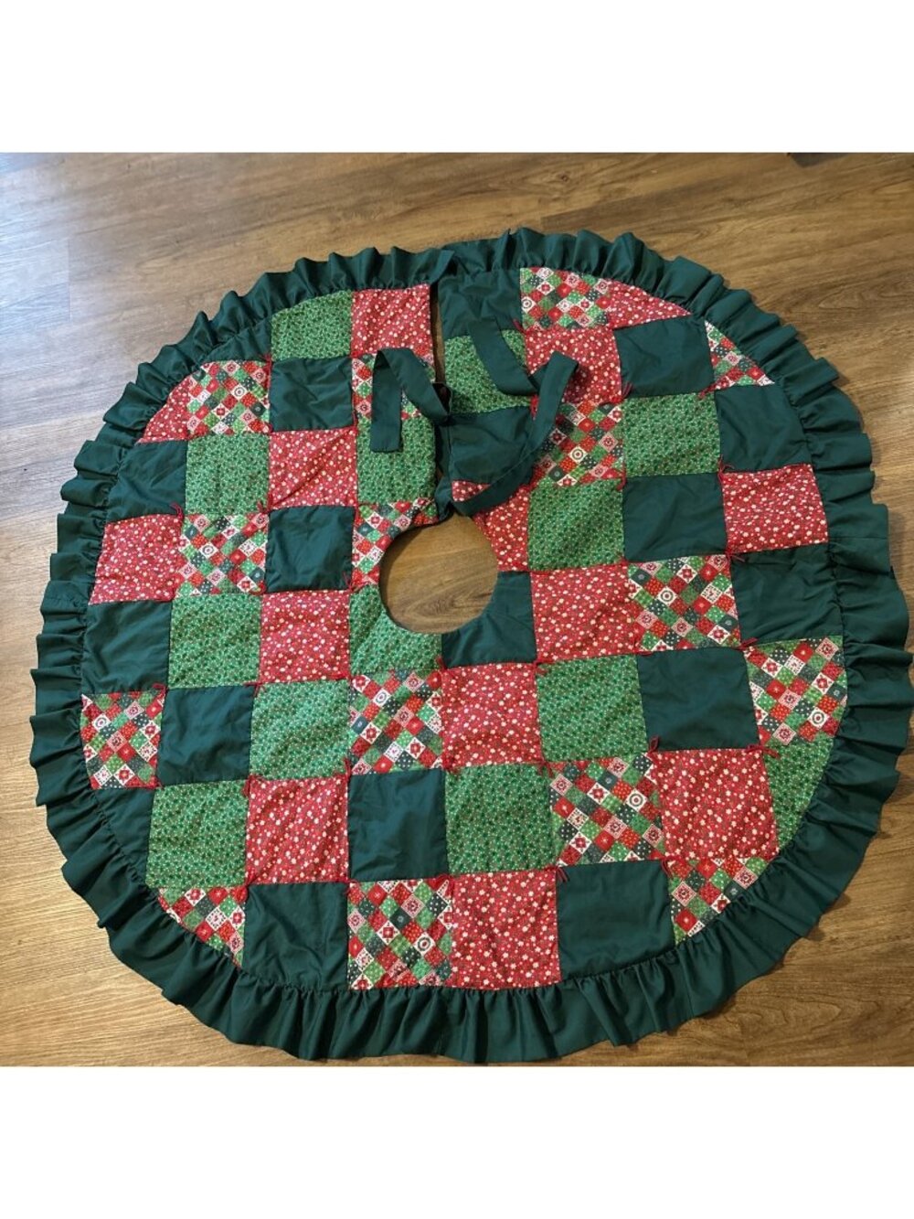 Homemade Christmas tree Quilted Skirt Green & Red With Ruffle